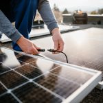 Solar energy engineer using tablet for check power station. Alternative energy system. eco concept. High quality photo