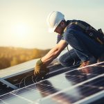 Construction industry, aerial view. An electrician in a helmet is installing a solar panel system outdoors. Engineer builds solar panel station on house roof